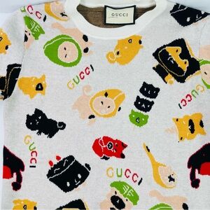 White Multicolor Novelty Crewneck Sweater Featuring Kitties and Piggies